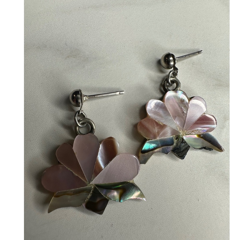 Vintage Alpaca Mexico Abalone Mother of Pearl Inlay Flower Drop Earrings Pink